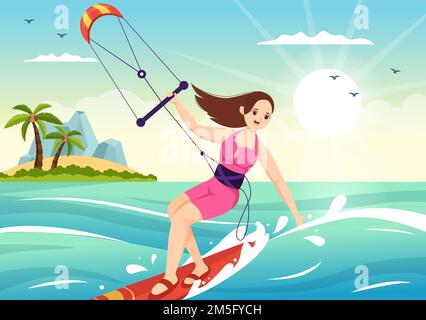 Kitesurfing Illustration with Kite Surfer Standing on Kiteboard in the Summer Sea in Extreme Water Sports Flat Cartoon Hand Drawn Template Stock Vector