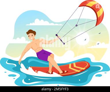 Kitesurfing Illustration with Kite Surfer Standing on Kiteboard in the Summer Sea in Extreme Water Sports Flat Cartoon Hand Drawn Template Stock Vector