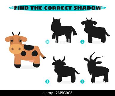 Find correct shadow. Cute farm animals. Education game.  Stock Vector