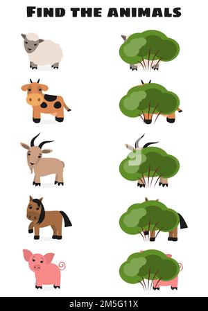 Find the animals. Education game for kids. Farm animals. Stock Vector
