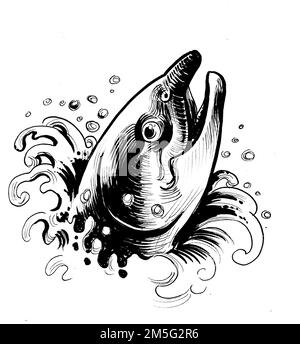 Salmon fish in water. Ink black and white drawing Stock Photo