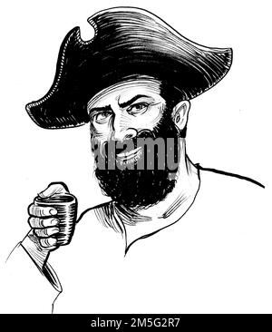 Pirate sailor drinking rum. Ink black and white drawing Stock Photo - Alamy
