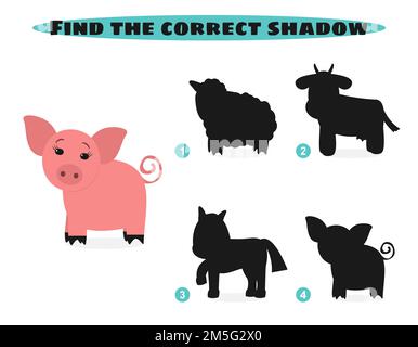 Find correct shadow. Cute farm animals. Education game.  Stock Vector