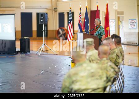 Governor David Ige lauds the accomplishments of the Hawai‘i National Guard Solders and Airmen who have served in many different roles in the states COVID-19 response, March 16, 2022, Honolulu Hawaii. The ceremony marked the transition of task forcesʻs remaining COVID-19 responsibilities, such as vaccinations, testing, COVID-19 mapping and unemployment office temperature screenings, back to the state, March 16, 2022, Honolulu Hawaii. Stock Photo