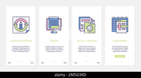 Data cloud storage, coding and mining technology vector illustration. UX, UI onboarding mobile app page screen set with tech line design of code, data Stock Vector