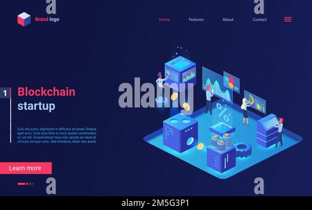 Blockchain cryptocurrency startup technology isometric landing page design, cartoon 3d money crypto currency, bitcoin and tokens for crowdfunding inve Stock Vector