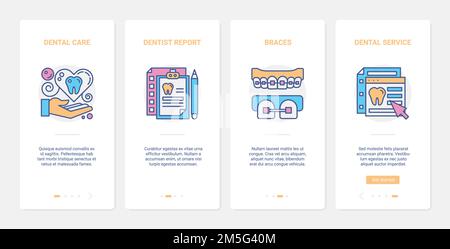 Dental care medicine technology vector illustration. UX, UI onboarding mobile app page screen set with line braces teeth, healthcare dentist appointme Stock Vector