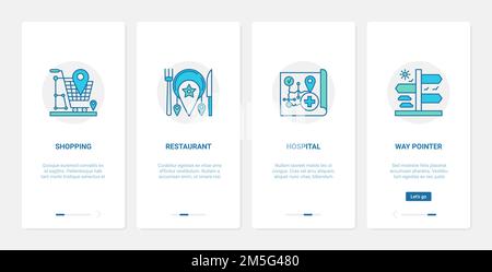 Gps navigation service technology vector illustration. UX, UI onboarding mobile app page screen set with line arrow navigator pointer to navigate on w Stock Vector