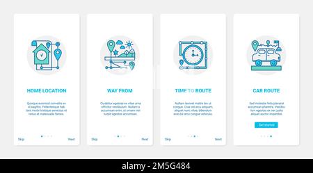 Gps map service to search road via navigator vector illustration. UX, UI onboarding mobile app page screen set with line travel time, car route home f Stock Vector