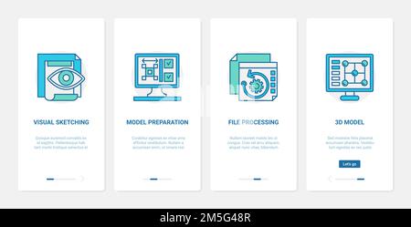 3d model file processing design vector illustration. UX, UI onboarding mobile app page screen tech set with line process of document preparation, visu Stock Vector
