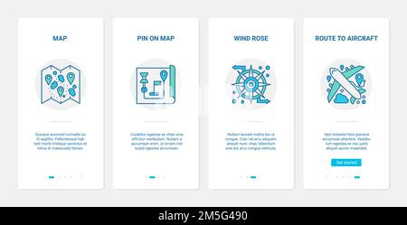 Gps navigation service vector illustration. UX, UI onboarding mobile app page screen set with line pointer pin route on navigator map for car or plane Stock Vector