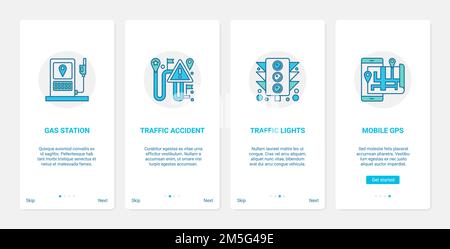 Gps map navigation service vector illustration. UX, UI onboarding mobile app page screen set with line gas station, alert of car transport accident lo Stock Vector