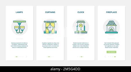 Home or office furniture vector illustration. UX, UI onboarding mobile app page screen set with line furnishing collection for living room interior de Stock Vector