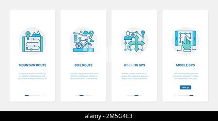 Gps navigation travel service technology vector illustration. UX, UI onboarding mobile app page screen set with line mountain bike route, direction na Stock Vector