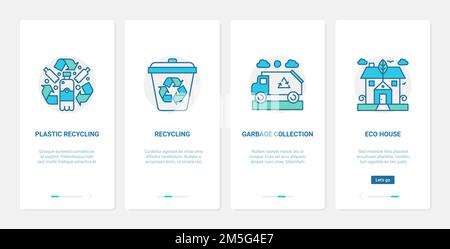 Waste management, recycling technology to save ecology vector illustration. UX, UI onboarding mobile app page screen set with line recycle plastic gar Stock Vector