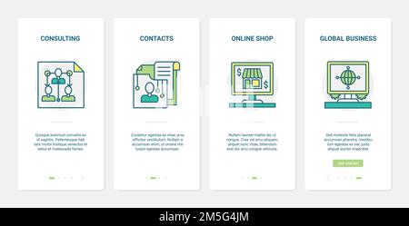 Finance consulting technology vector illustration. UX, UI onboarding mobile app page screen set with line financial consultant agency service, global Stock Vector