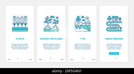 Urban ecosystem ecological technology vector illustration. UX, UI onboarding mobile app page screen set with line ecology of park forest plants symbol Stock Vector