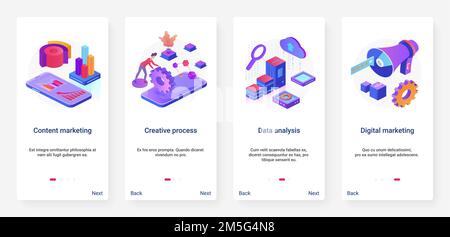 Content marketing creative digital technology vector illustration. UX, UI onboarding mobile app page screen set with cartoon 3d tech data analysis pro Stock Vector