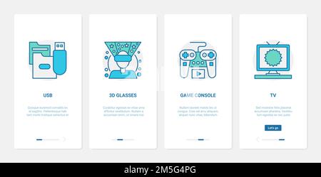 Electronic media devices, entertainment vector illustration. UX, UI onboarding mobile app page screen set with line virtual reality 3d glasses for vr Stock Vector