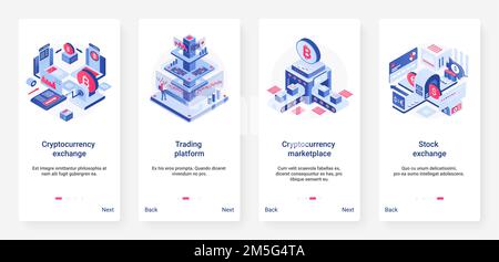 Isometric cryptocurrency exchange trading platform vector illustration. UX, UI onboarding mobile app page screen set with cartoon 3d trader work, bloc Stock Vector