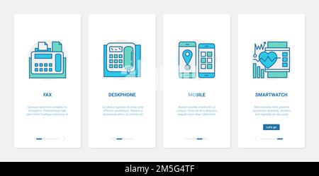 Electronic devices for communication vector illustration. UX, UI onboarding mobile app page screen set with line digital gadget equipment to communica Stock Vector