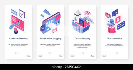 Isometric safe online shopping, security digital technology vector illustration. UX, UI onboarding mobile app page screen set with cartoon 3d shopping Stock Vector
