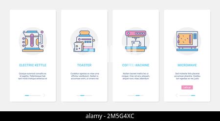 Kitchen electrical home appliances, domestic equipment vector illustration. UX, UI onboarding mobile app page screen set with line kitchenware, electr Stock Vector