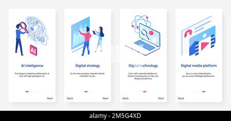 Isometric artificial intelligence concept vector illustration. UX, UI onboarding mobile app page screen set with cartoon 3d ai digital technology, big Stock Vector