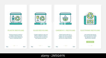 Zero waste, eco garbage recycling technology to save ecology vector illustration. UX, UI onboarding mobile app page screen set with line recycle plast Stock Vector