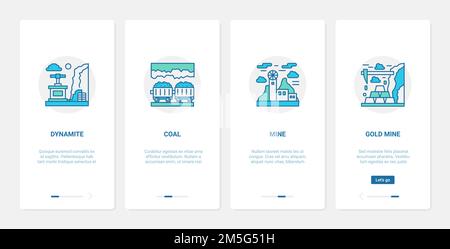 Coal gold mining industry vector illustration. UX, UI onboarding mobile app page screen set with line mine, industrial extraction of minerals in under Stock Vector