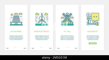Renewable eco energy sources, environment technology vector illustration. UX, UI onboarding mobile app page screen set with line industrial solar pane Stock Vector