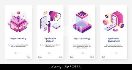 Isometric digital marketing application development vector illustration. UX, UI onboarding mobile app page screen set with cartoon 3d programming, soc Stock Vector
