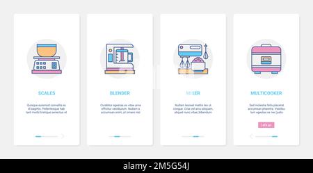 Kitchen electrical home appliances for cooking vector illustration. UX, UI onboarding mobile app page screen set with line modern chef cooker equipmen Stock Vector