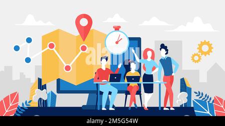 Delivery logistic service concept vector illustration. Cartoon team of deliver logistician people working with laptop in delivering company, online tr Stock Vector