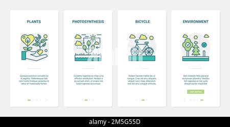 Eco green technology to save ecology vector illustration. UX, UI onboarding mobile app page screen set with line saving environment symbols, photosynt Stock Vector