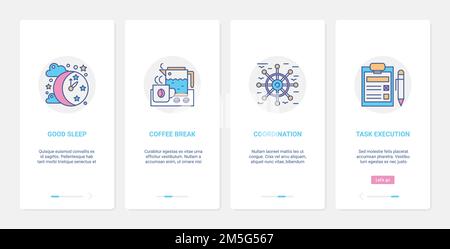 Business management, time coordination execution concept vector illustration. UX, UI onboarding mobile app page screen set with line coordinating task Stock Vector
