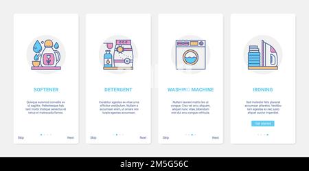Household detergents, washer equipment in home laundry technology vector illustration. UX, UI onboarding mobile app page screen set with line washing Stock Vector
