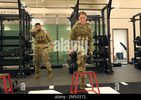Paratroopers assigned to 2nd Brigade Combat Team, 82nd Airborne Division,  competed to be the soldier of the quarter on March 16, 2022 at Fort Bragg, NC. The soldiers were judged on their physical fitness, accuracy of marksmanship in a stress shoot, and a traditional board. Stock Photo