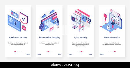 Isometric cyber security network digital technology vector illustration. UX, UI onboarding mobile app page screen tech set with cartoon 3d safe networ Stock Vector