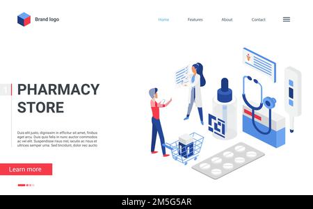 Isometric pharmacy store concept vector illustration. Cartoon landing page mobile pharma website design, man character choosing drugs in shop drugstor Stock Vector