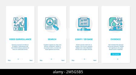 Police investigation of crime concept vector illustration. UX, UI onboarding mobile app page screen set with line video surveillance, search for crimi Stock Vector