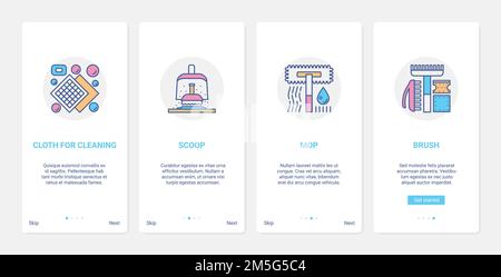 Household tools devices for cleaning home vector illustration. UX, UI onboarding mobile app page screen set with line dustpan scoop and broom to clean Stock Vector