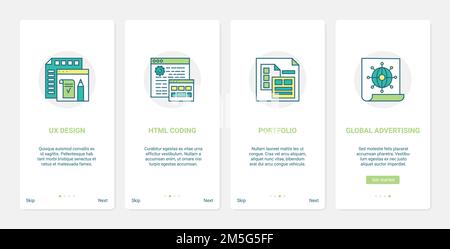 Media advertising service, designer developer portfolio vector illustration. UX, UI onboarding mobile app page screen set with line html coding techno Stock Vector
