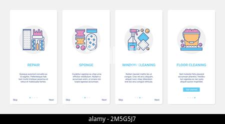 Cleaning accessories tools vector illustration. UX, UI onboarding mobile app page screen set with line general cleaning and repair housekeeping equipm Stock Vector