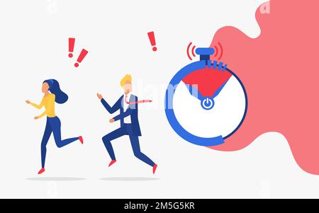Business deadline, time management control and planning concept vector illustration. Cartoon businessman businesswoman characters run away from big cl Stock Vector