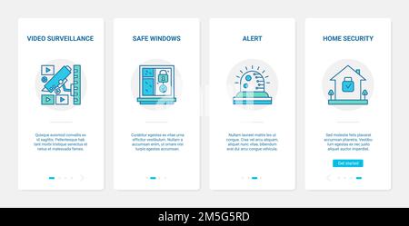 Security video surveillance, privacy automatic, protection vector illustration. UX, UI onboarding mobile app page screen set with line camera equipmen Stock Vector