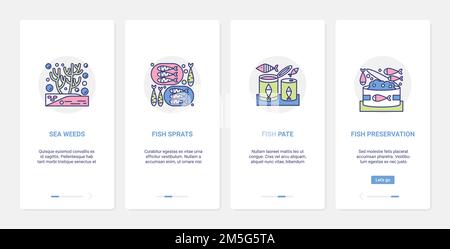 Seafood preserves, sea canned food vector illustration. UX, UI onboarding mobile app page screen set with line fish plate menu with seaweed sprats in Stock Vector