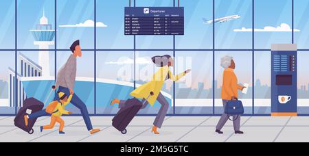 Family late for plane flight concept vector illustration. Cartoon passengers tourists in hurry, man woman with kid holding suitcases luggage, running Stock Vector