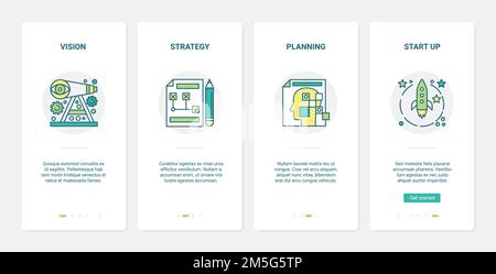 Vision strategy startup planning vector illustration. UX, UI onboarding mobile app page screen set with line symbols with start of new business projec Stock Vector