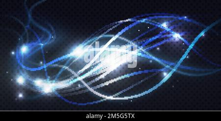 Abstract shiny luminous blue waves lines, bright light effect vector illustration. Magic neon swirl spiral traces of flying movement, moving glowing w Stock Vector